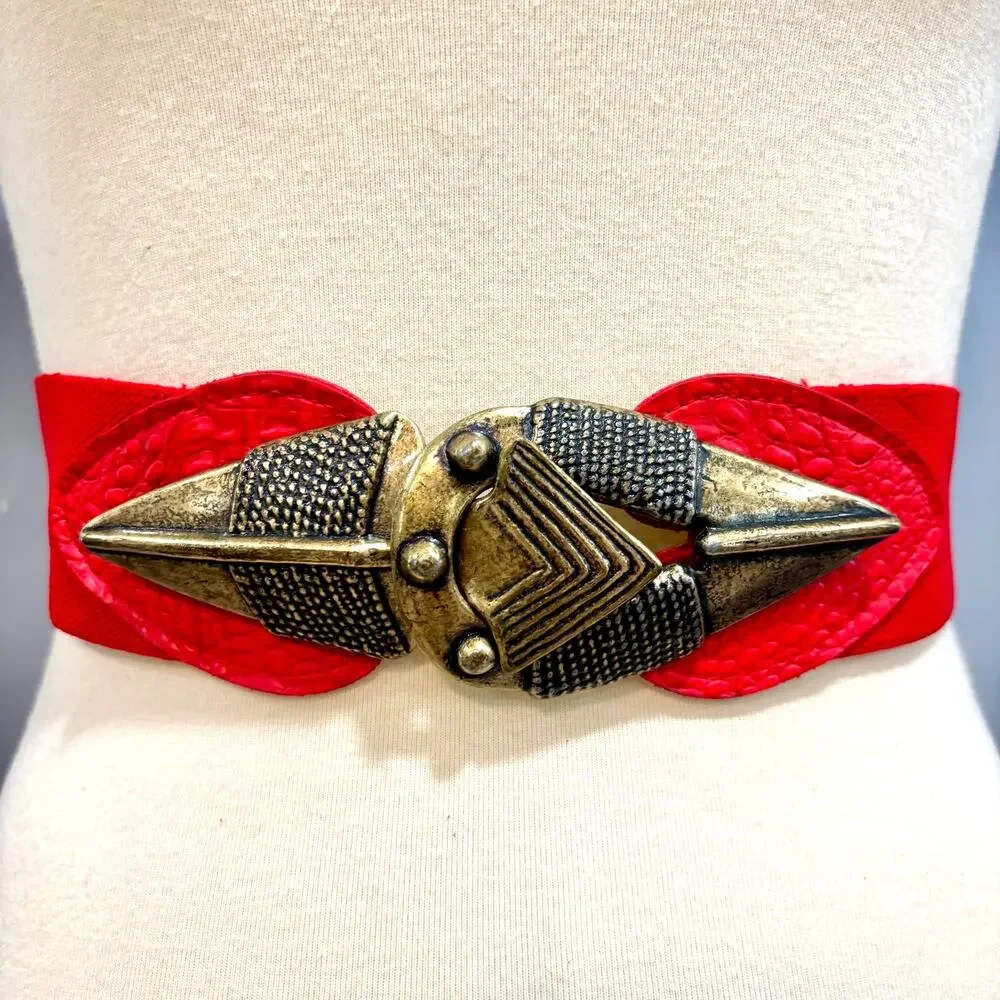 Vintage Y2K Red Elastic Chunky Metal Buckle Belt Boho Steampunk Wide Goth